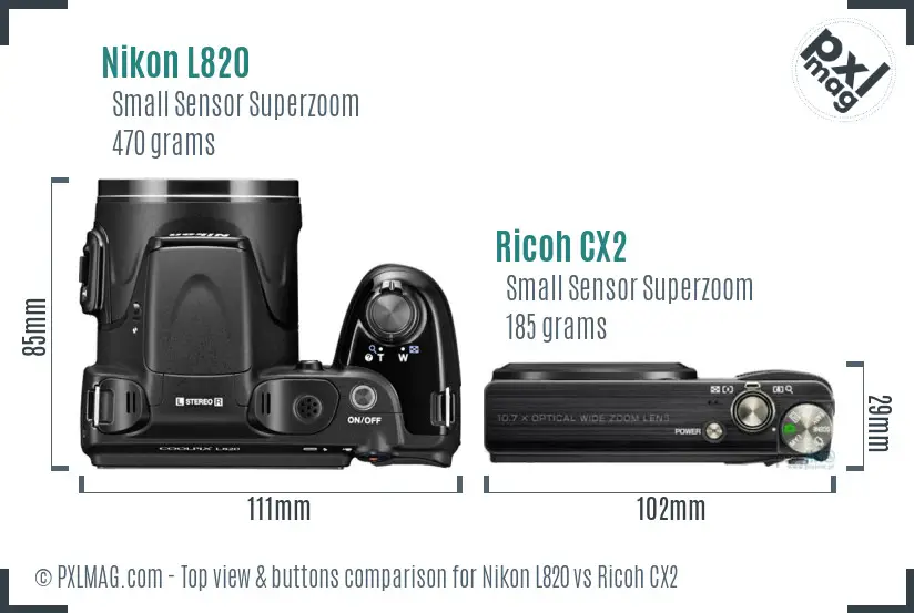 Nikon L820 vs Ricoh CX2 top view buttons comparison