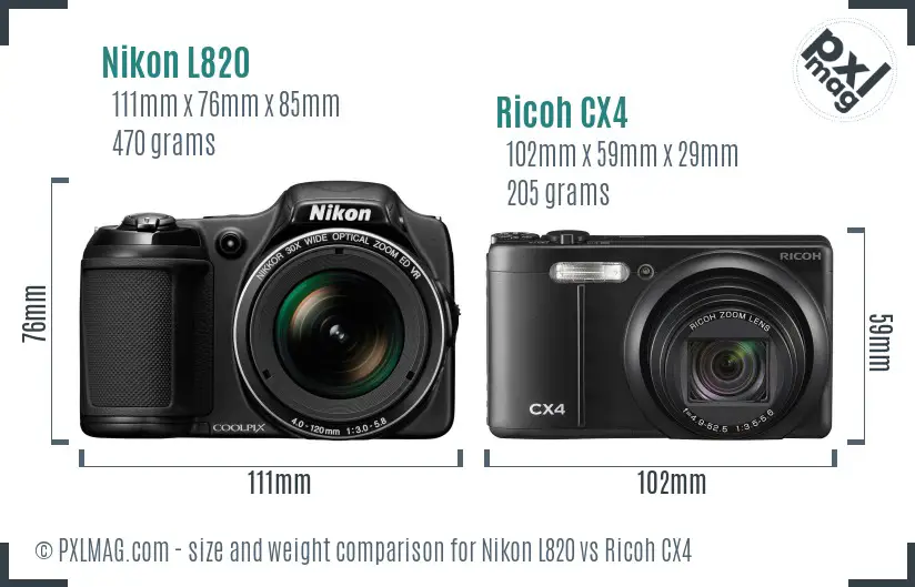 Nikon L820 vs Ricoh CX4 size comparison