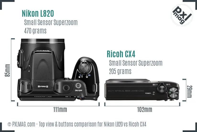 Nikon L820 vs Ricoh CX4 top view buttons comparison