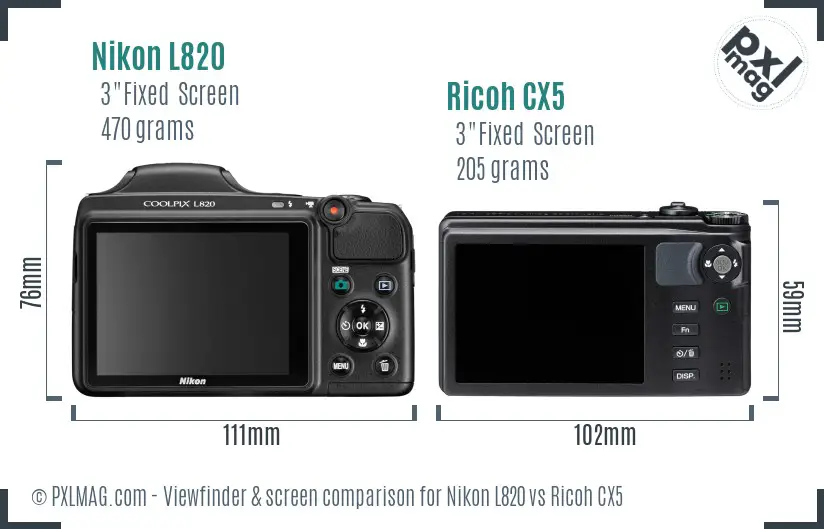 Nikon L820 vs Ricoh CX5 Screen and Viewfinder comparison