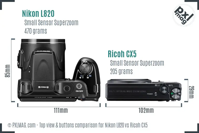 Nikon L820 vs Ricoh CX5 top view buttons comparison