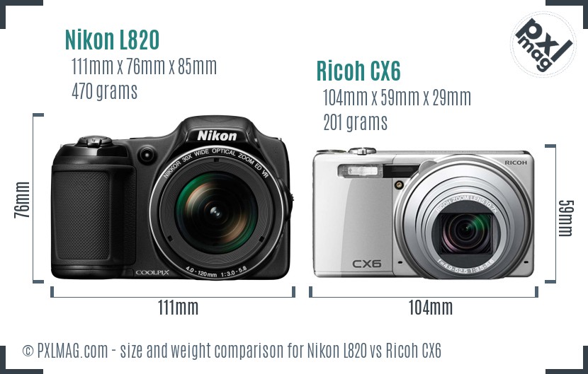 Nikon L820 vs Ricoh CX6 size comparison