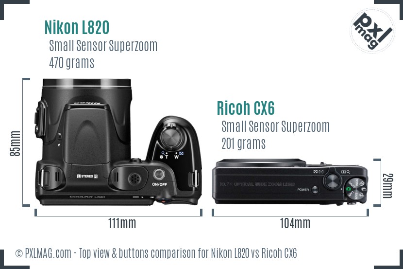 Nikon L820 vs Ricoh CX6 top view buttons comparison