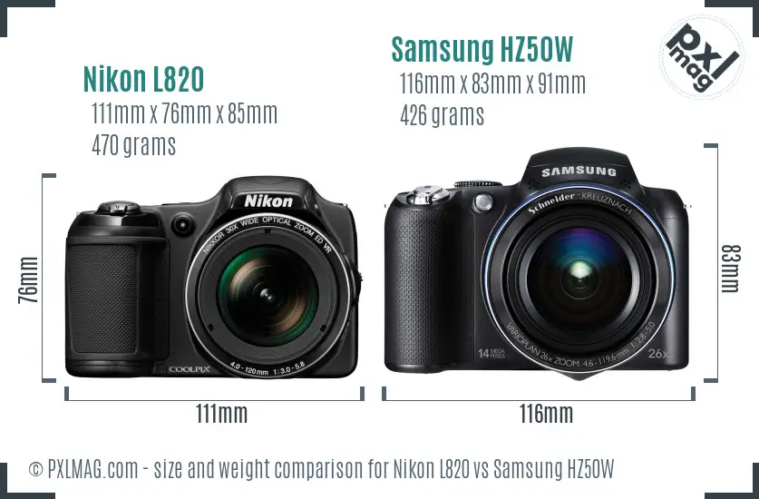 Nikon L820 vs Samsung HZ50W size comparison