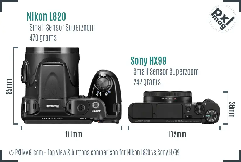 Nikon L820 vs Sony HX99 top view buttons comparison