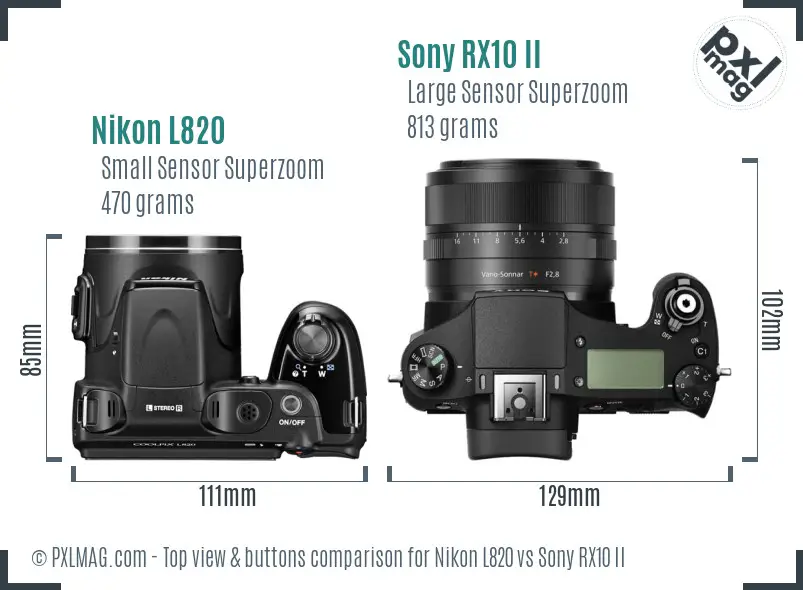 Nikon L820 vs Sony RX10 II top view buttons comparison