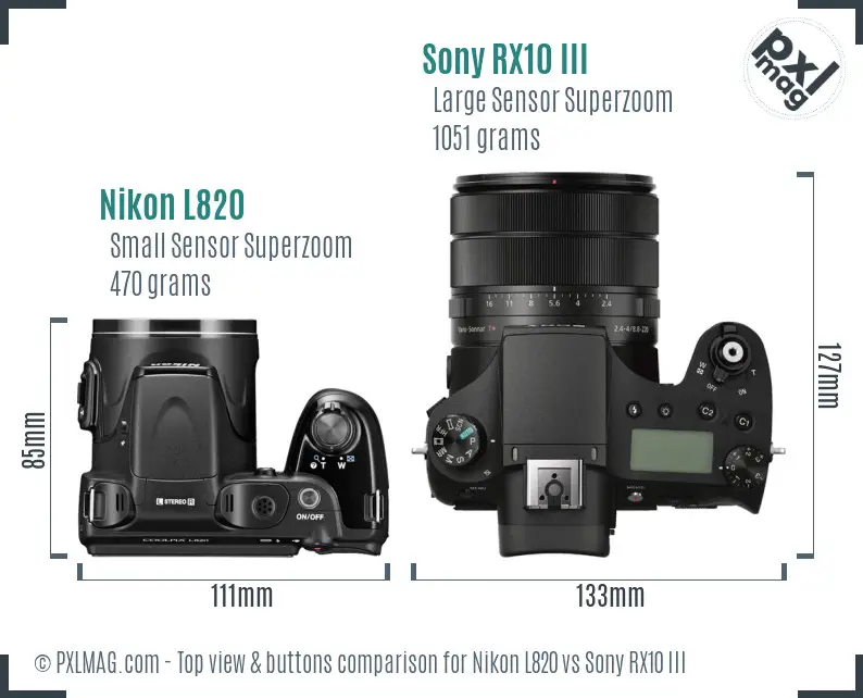Nikon L820 vs Sony RX10 III top view buttons comparison