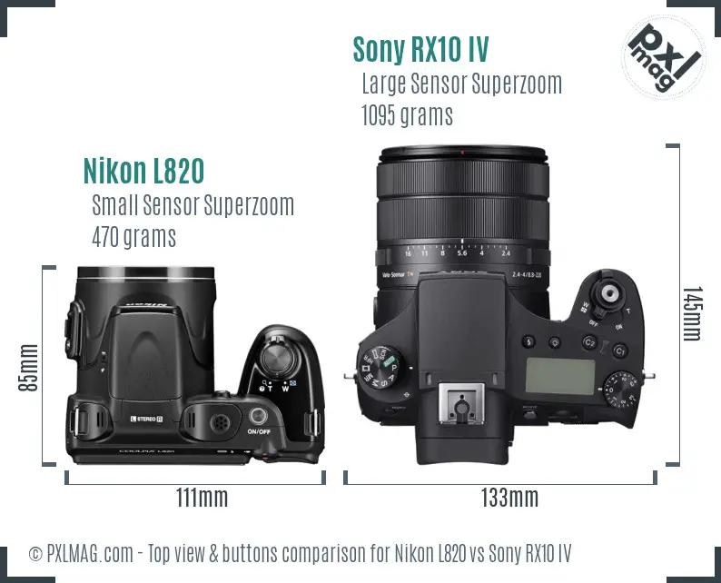 Nikon L820 vs Sony RX10 IV top view buttons comparison