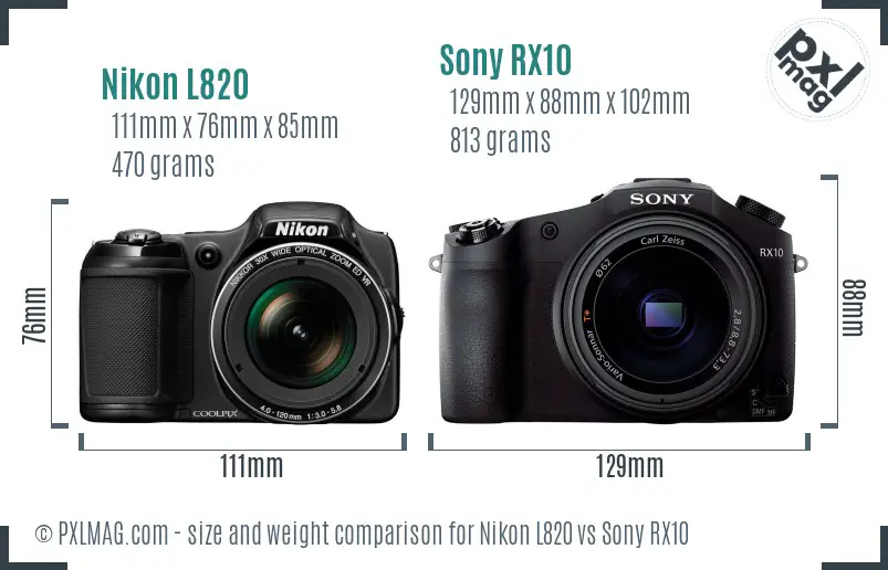 Nikon L820 vs Sony RX10 size comparison