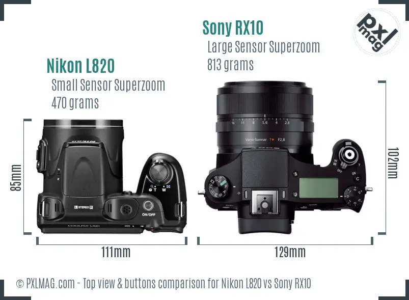 Nikon L820 vs Sony RX10 top view buttons comparison