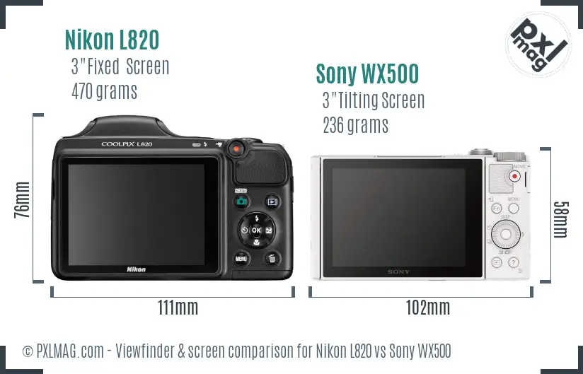 Nikon L820 vs Sony WX500 Screen and Viewfinder comparison