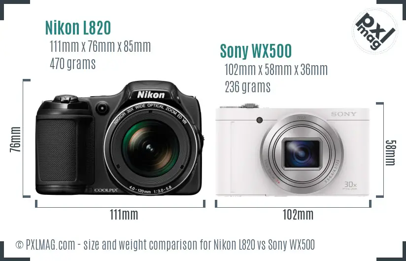 Nikon L820 vs Sony WX500 size comparison