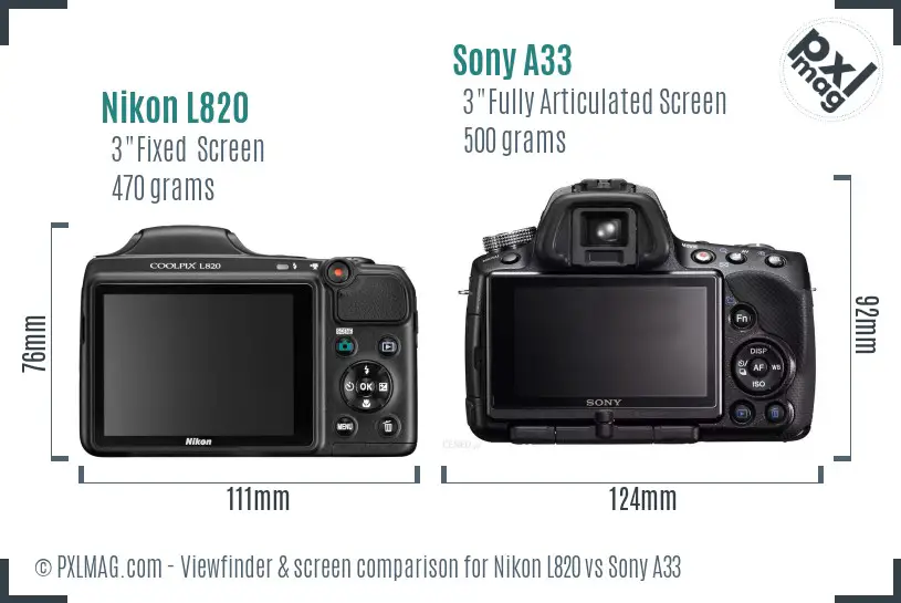 Nikon L820 vs Sony A33 Screen and Viewfinder comparison