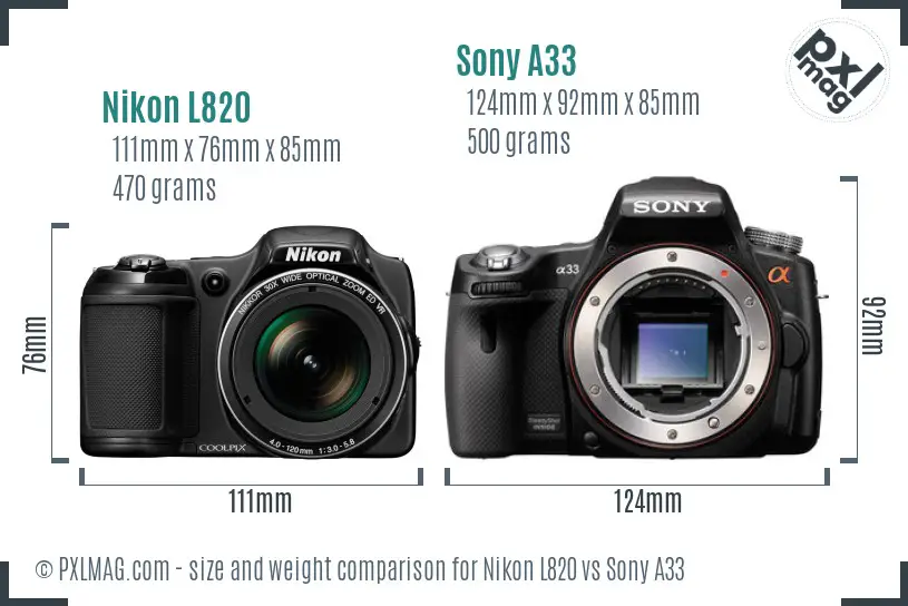 Nikon L820 vs Sony A33 size comparison