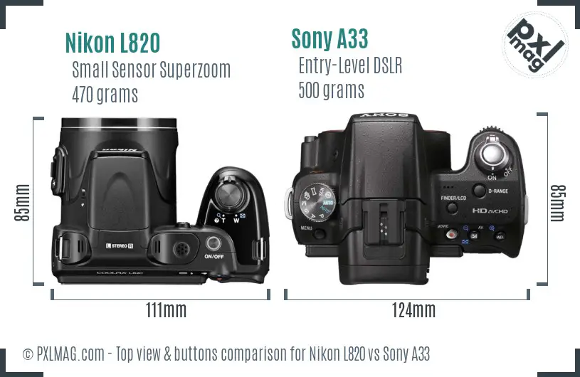Nikon L820 vs Sony A33 top view buttons comparison