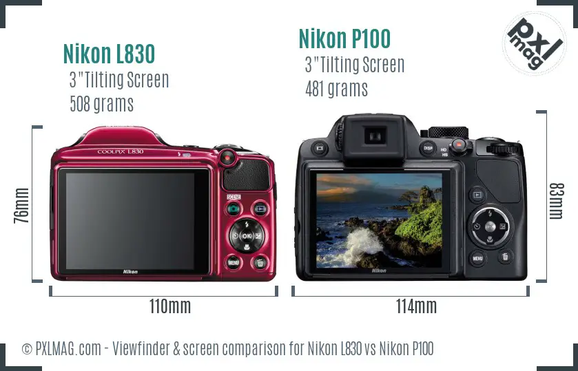 Nikon L830 vs Nikon P100 Screen and Viewfinder comparison
