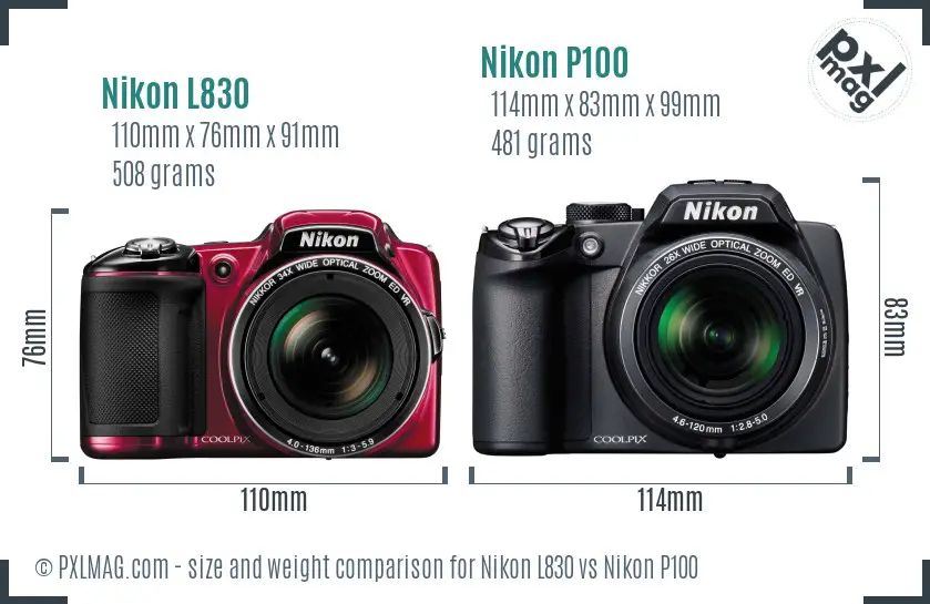 Nikon L830 vs Nikon P100 size comparison