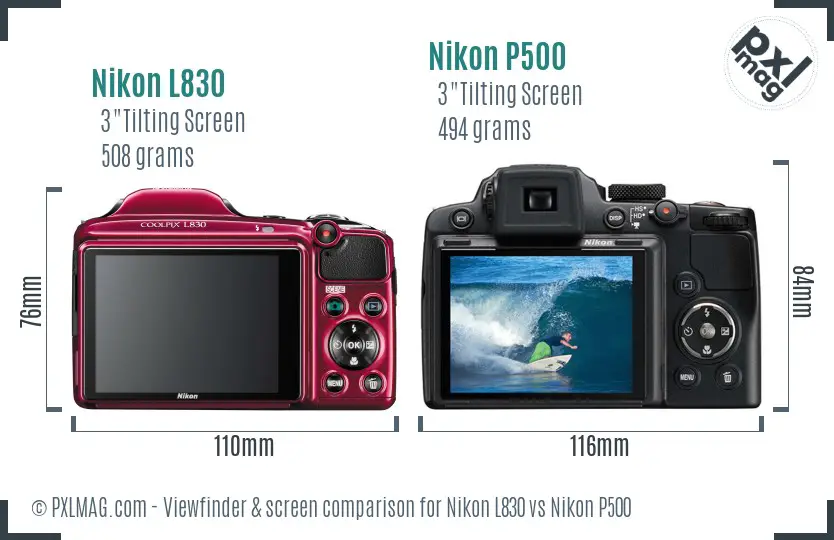 Nikon L830 vs Nikon P500 Screen and Viewfinder comparison