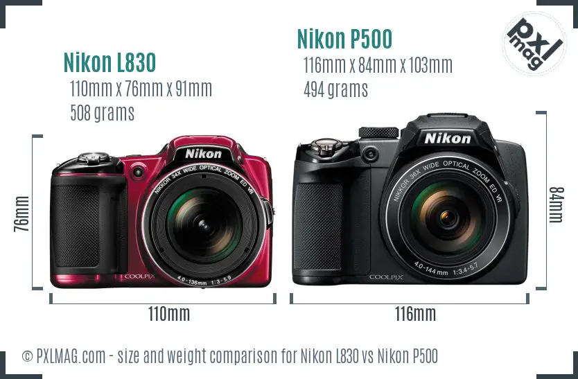 Nikon L830 vs Nikon P500 size comparison