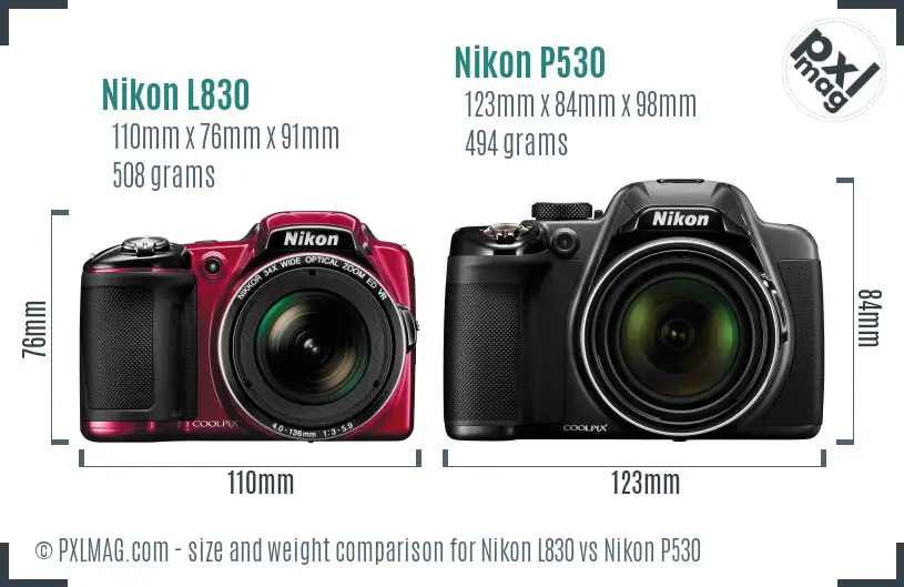 Nikon L830 vs Nikon P530 size comparison