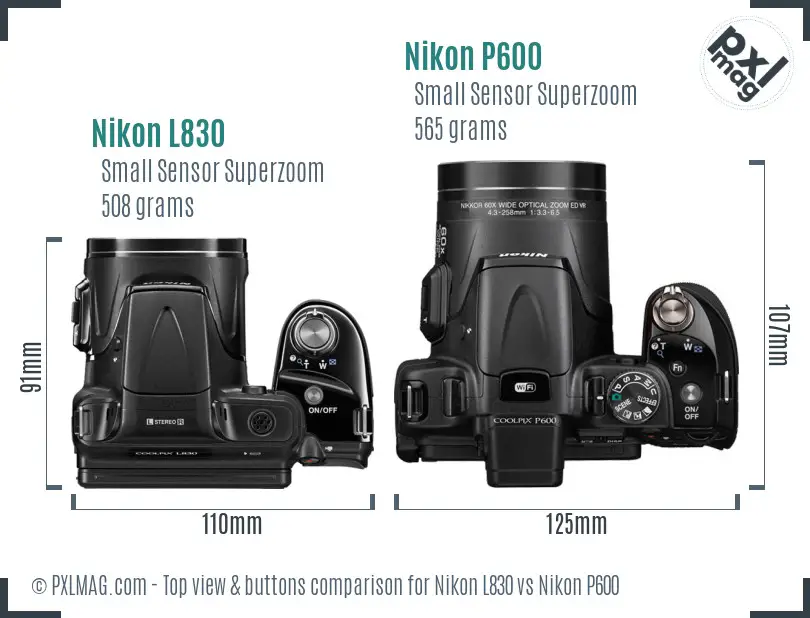 Nikon L830 vs Nikon P600 top view buttons comparison Nikon L830 vs Nikon P600 top view buttons comparison