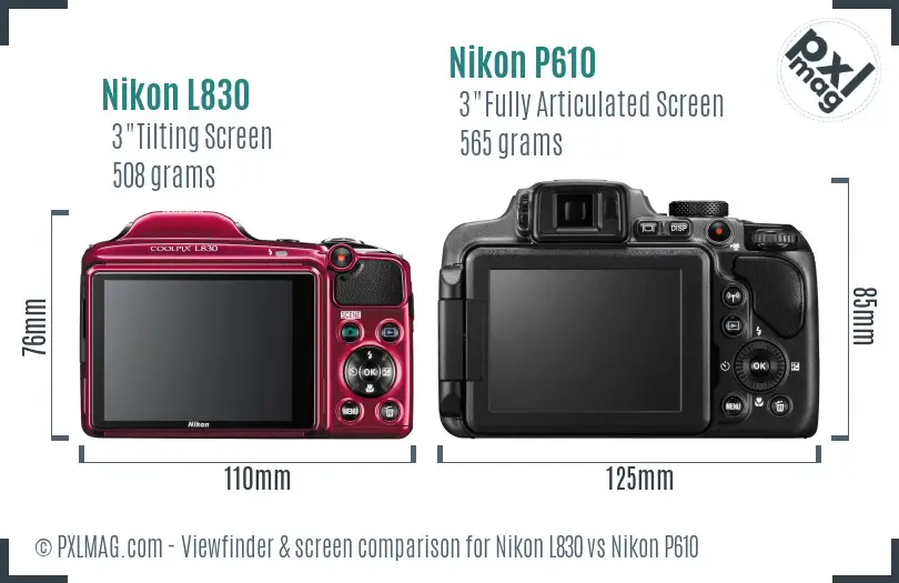 Nikon L830 vs Nikon P610 Screen and Viewfinder comparison