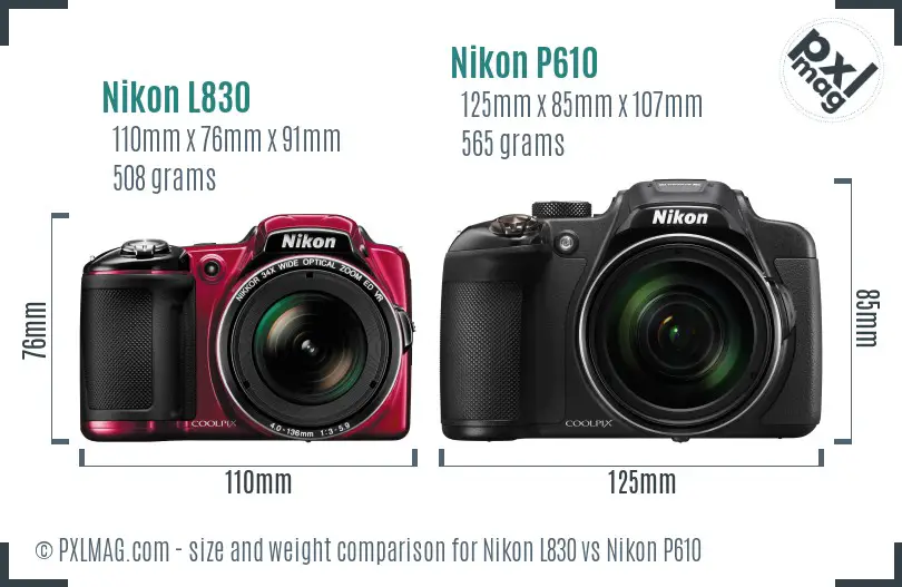 Nikon L830 vs Nikon P610 size comparison