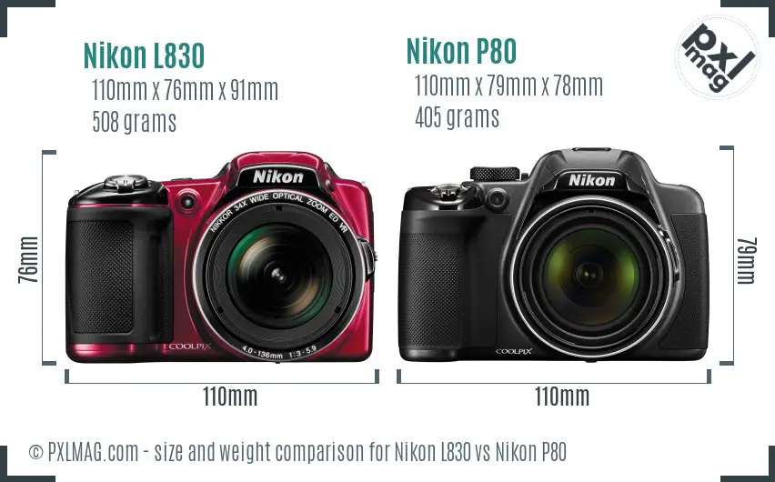 Nikon L830 vs Nikon P80 size comparison