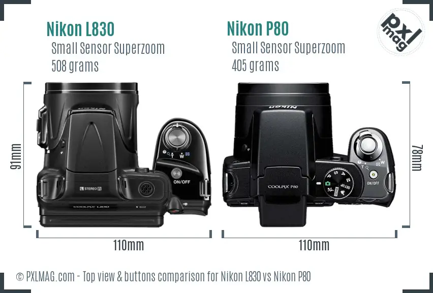 Nikon L830 vs Nikon P80 top view buttons comparison