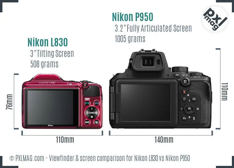 Nikon L830 vs Nikon P950 Screen and Viewfinder comparison