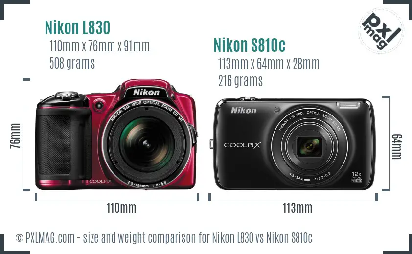 Nikon L830 vs Nikon S810c size comparison