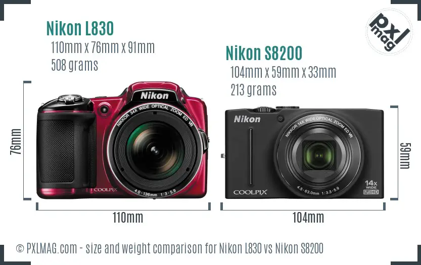 Nikon L830 vs Nikon S8200 size comparison
