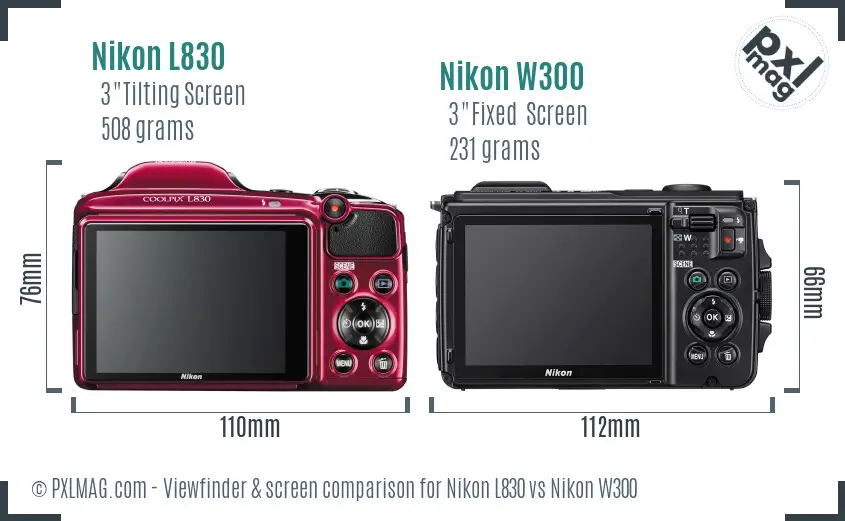 Nikon L830 vs Nikon W300 Screen and Viewfinder comparison