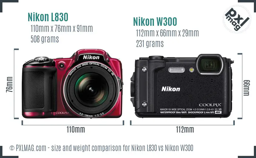 Nikon L830 vs Nikon W300 size comparison
