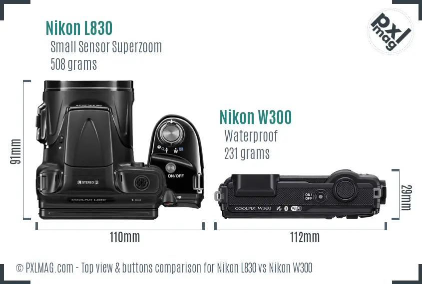 Nikon L830 vs Nikon W300 top view buttons comparison