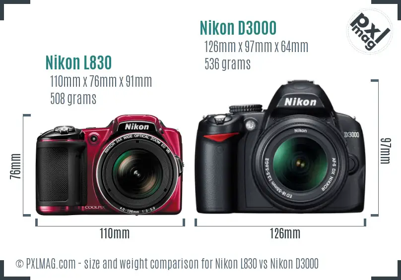 Nikon L830 vs Nikon D3000 size comparison