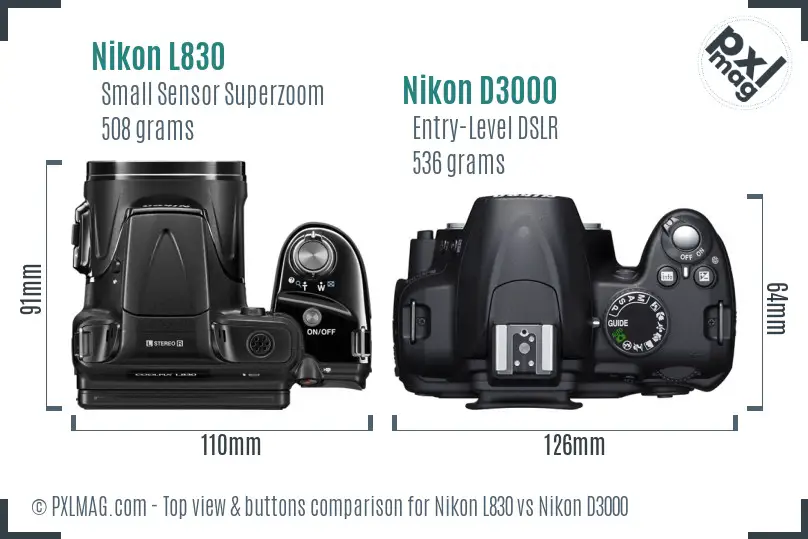 Nikon L830 vs Nikon D3000 top view buttons comparison