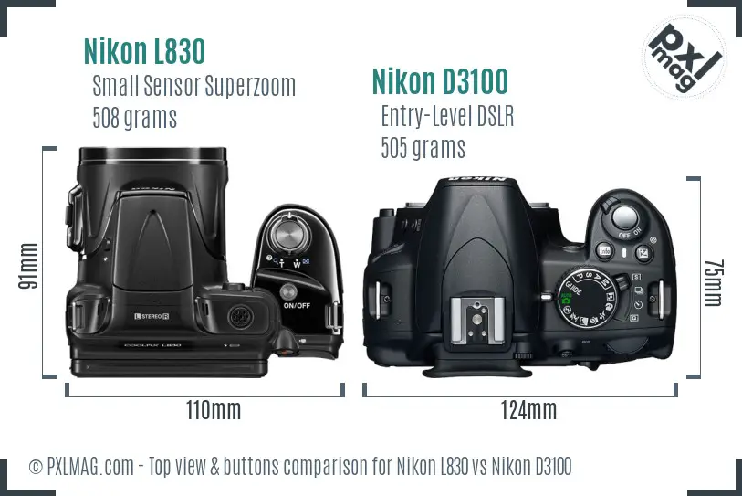 Nikon L830 vs Nikon D3100 top view buttons comparison