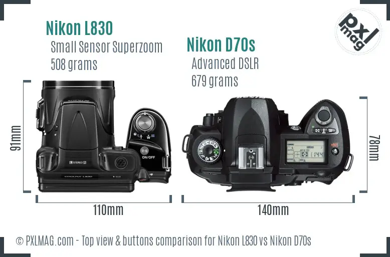 Nikon L830 vs Nikon D70s top view buttons comparison