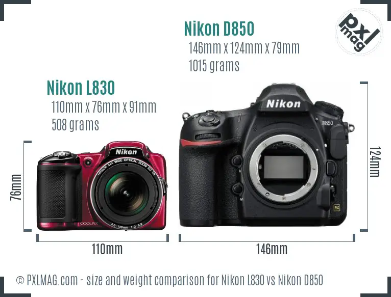 Nikon L830 vs Nikon D850 size comparison