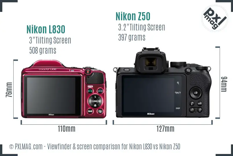 Nikon L830 vs Nikon Z50 Screen and Viewfinder comparison