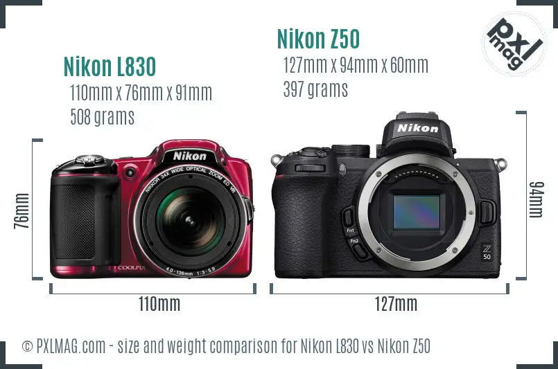 Nikon L830 vs Nikon Z50 size comparison