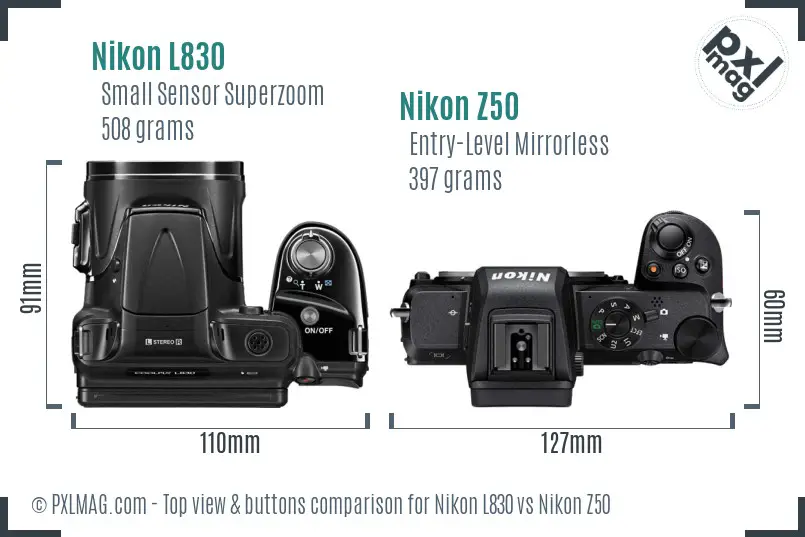 Nikon L830 vs Nikon Z50 top view buttons comparison