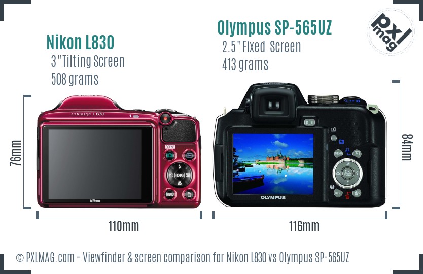 Nikon L830 vs Olympus SP-565UZ Screen and Viewfinder comparison
