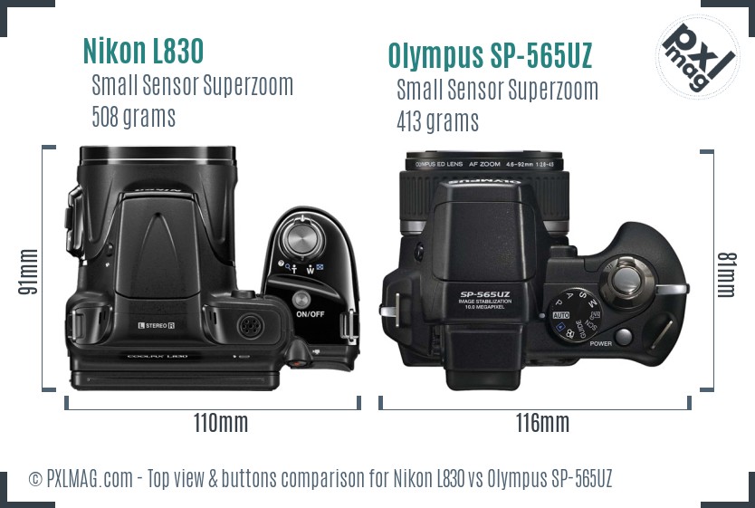 Nikon L830 vs Olympus SP-565UZ top view buttons comparison