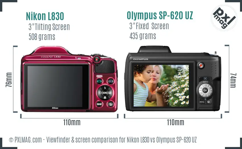 Nikon L830 vs Olympus SP-620 UZ Screen and Viewfinder comparison