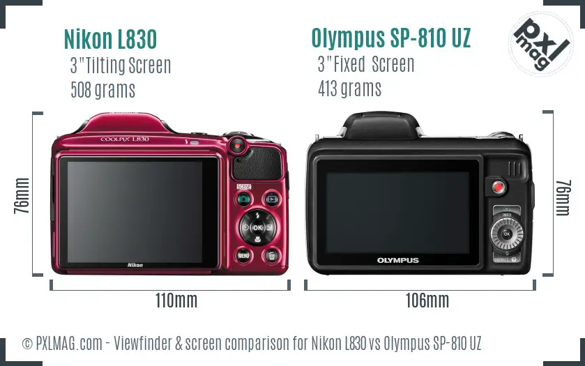Nikon L830 vs Olympus SP-810 UZ Screen and Viewfinder comparison