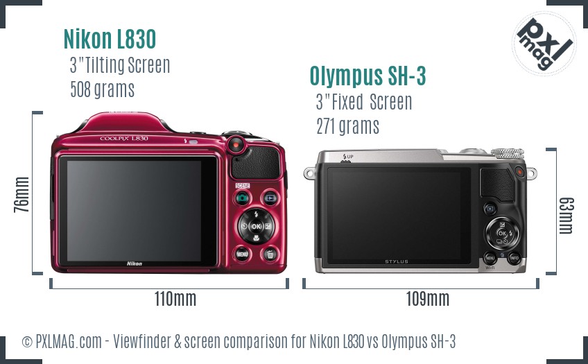 Nikon L830 vs Olympus SH-3 Screen and Viewfinder comparison
