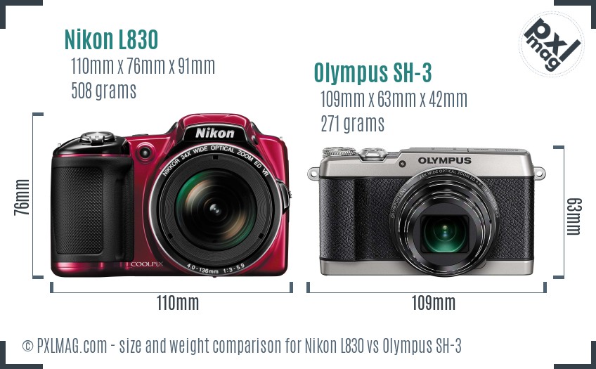 Nikon L830 vs Olympus SH-3 size comparison