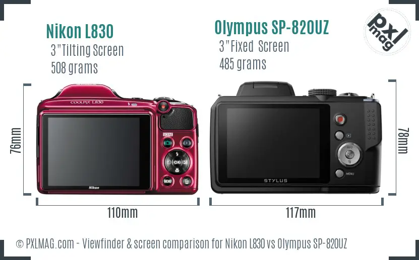 Nikon L830 vs Olympus SP-820UZ Screen and Viewfinder comparison